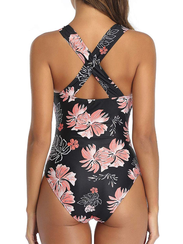 Women Flower Pattern Leopard Mesh Hollow One Piece Swimwear