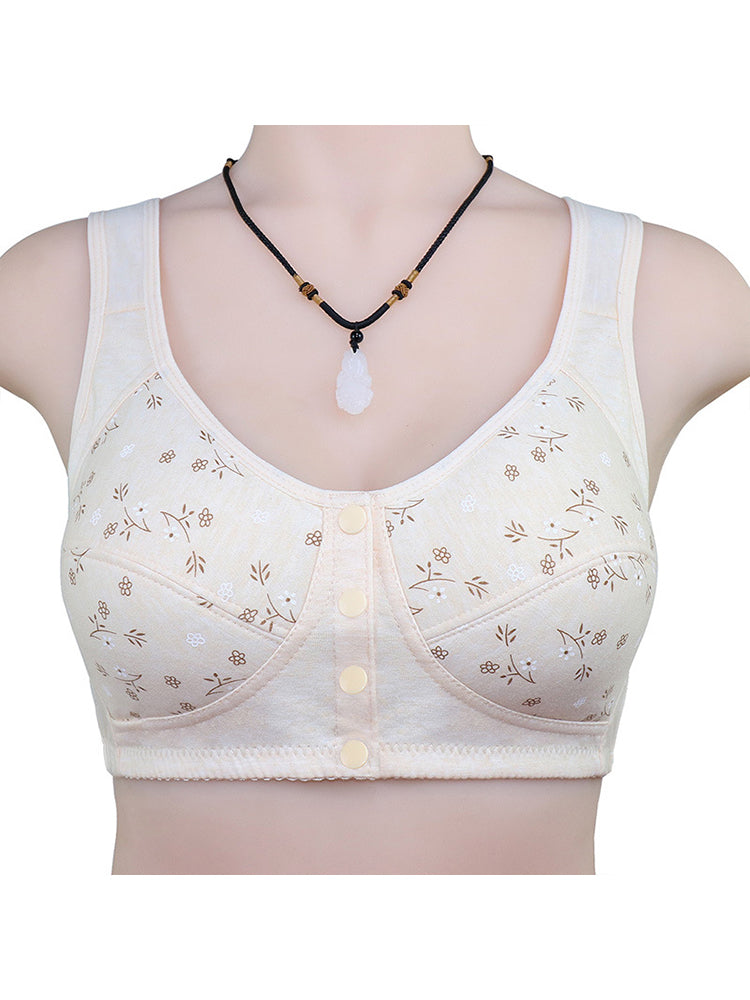 Floral Print Cotton Front 4-Bottons Close Wireless Bra