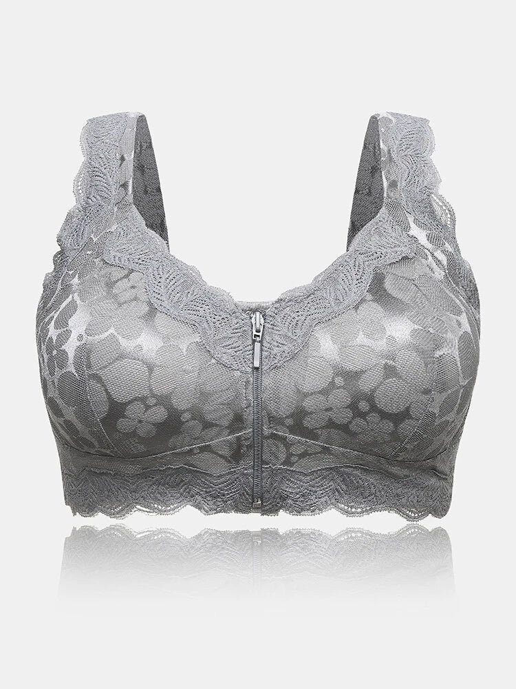 Front Zipper Floral Lace Bralette with Removable Pads