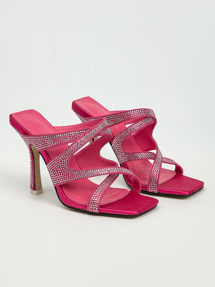 Women's Rhinestones High Heel Open Toe Sandals Backless Slippers