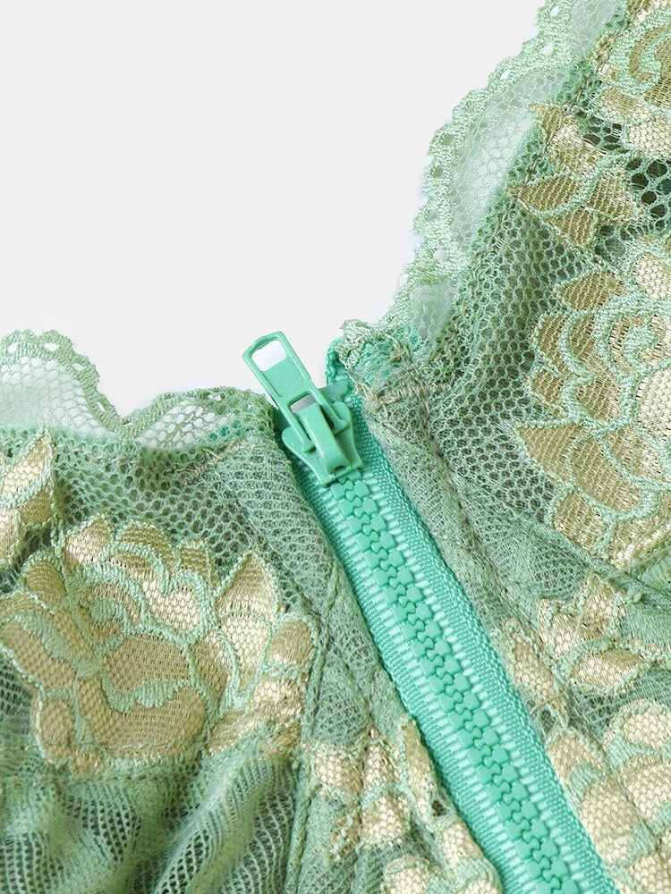 Flower Lace Zipper Front Wide Shoulder Straps Wireless Bra