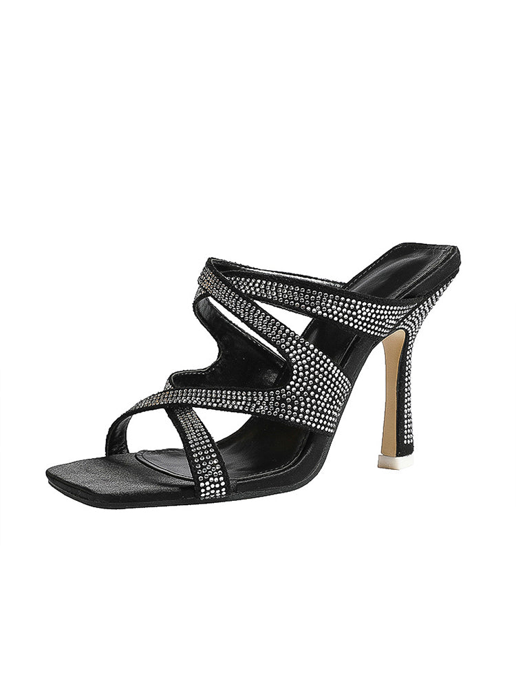 Women's Rhinestones High Heel Open Toe Sandals Backless Slippers