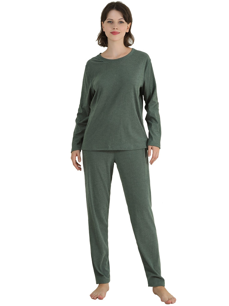 Women Solid Fleece Lined Long Sleeve Plus Size Pajama Sets
