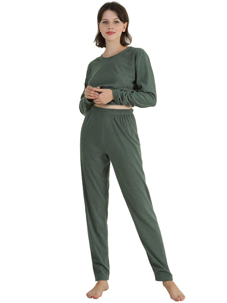 Women Solid Fleece Lined Long Sleeve Plus Size Pajama Sets