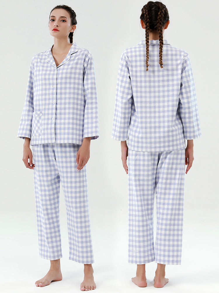 Cotton Plaid Pajamas Set Long Sleeve Sleepwear for Men&Women