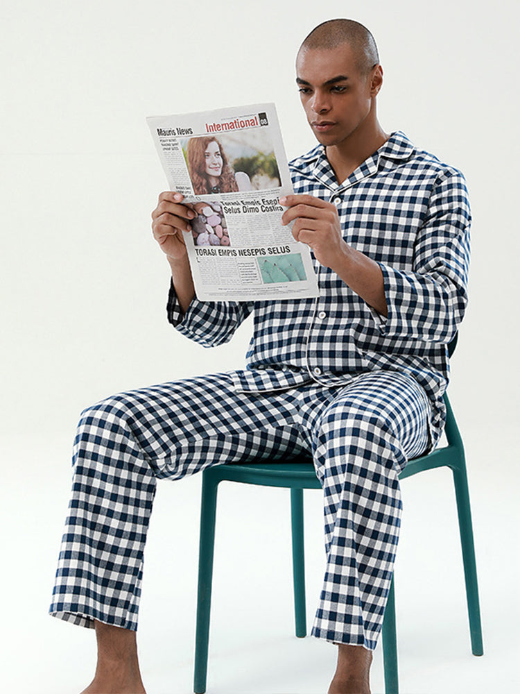 Cotton Plaid Pajamas Set Long Sleeve Sleepwear for Men&Women