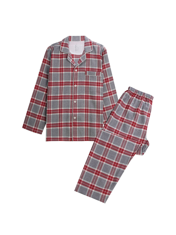 Cotton Plaid Pajamas Set Long Sleeve Sleepwear for Men&Women