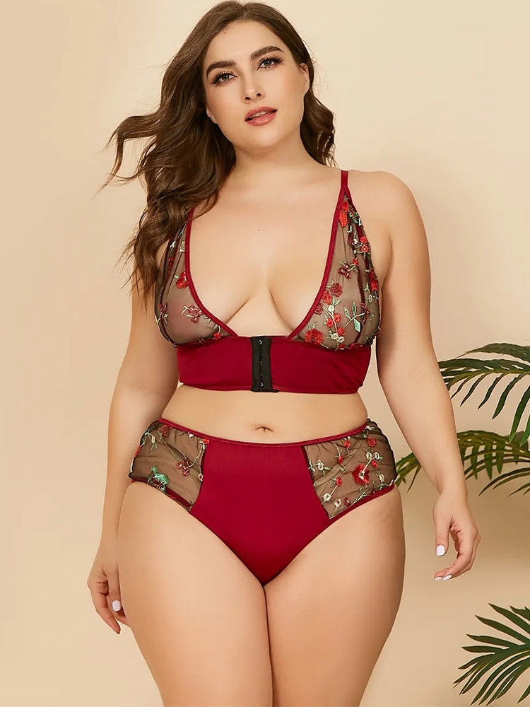 Sexy Sheer Lace Embroidered Front Closure Non Padded Bra Set