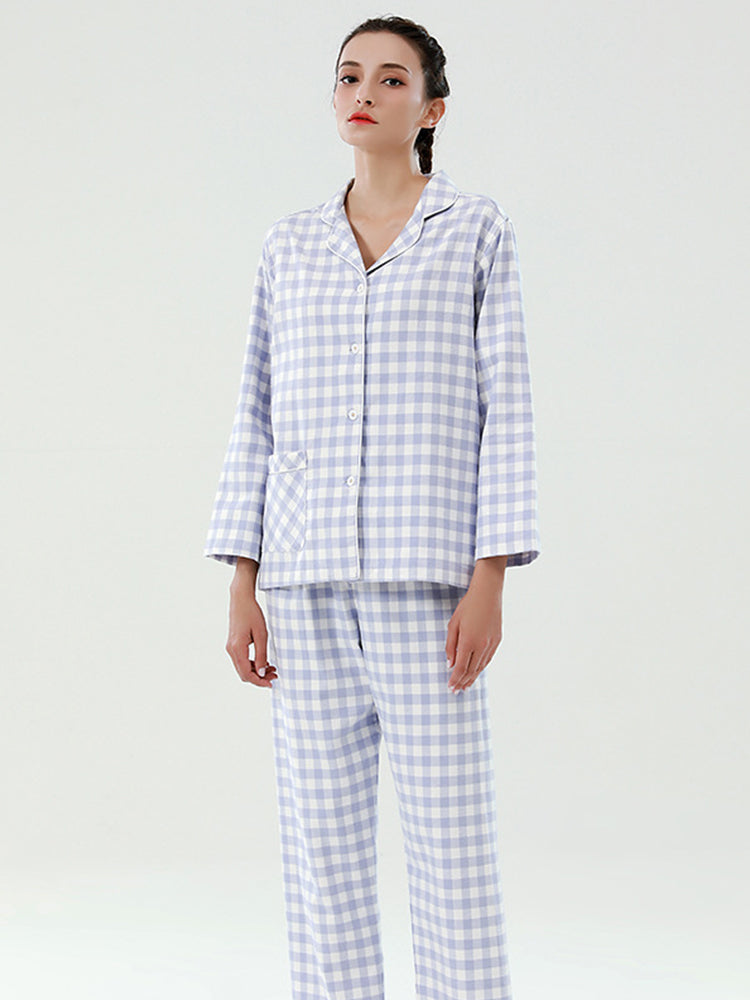 Cotton Plaid Pajamas Set Long Sleeve Sleepwear for Men&Women