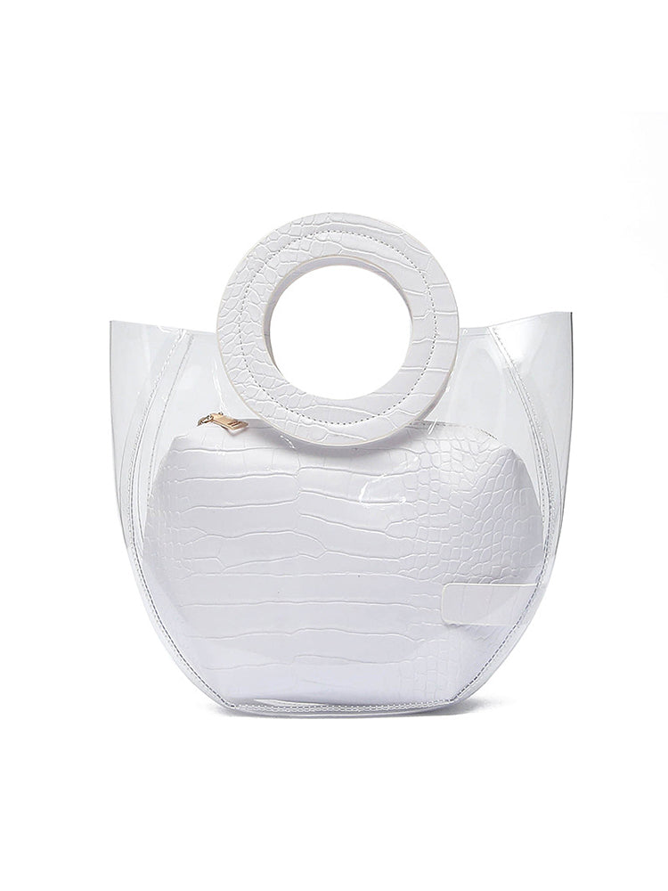 Transparent Handbag 2 Pieces Set with Crocodile Pattern Pocket