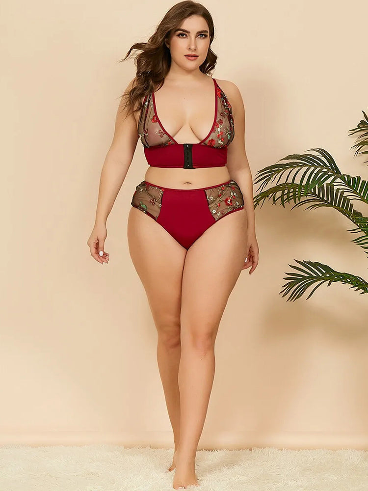 Sexy Sheer Lace Embroidered Front Closure Non Padded Bra Set