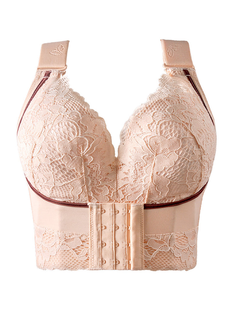 Lace Longline Wireless Support Wide Straps Bras with Front Buckle
