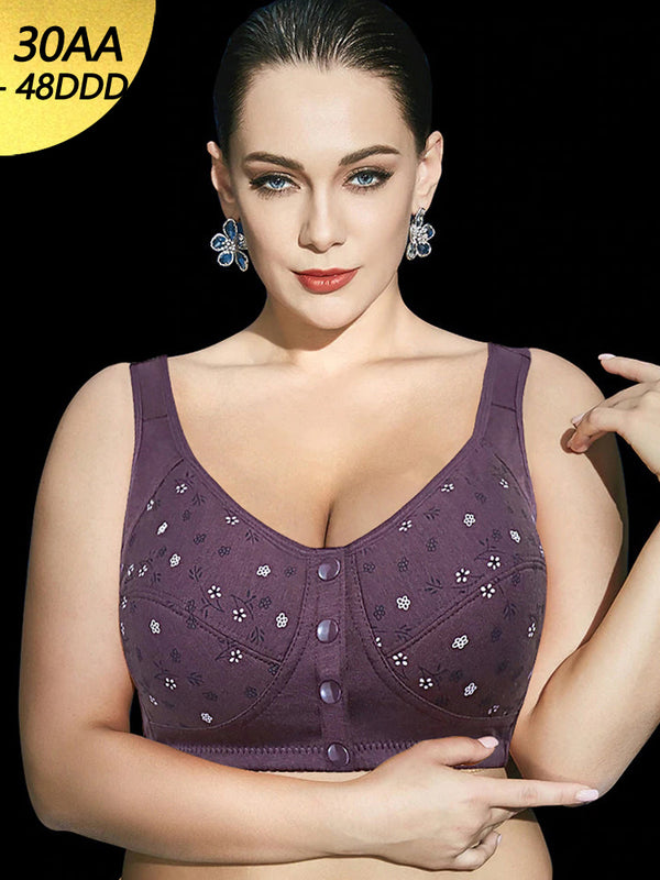Floral Print Cotton Front 4-Bottons Close Wireless Bra
