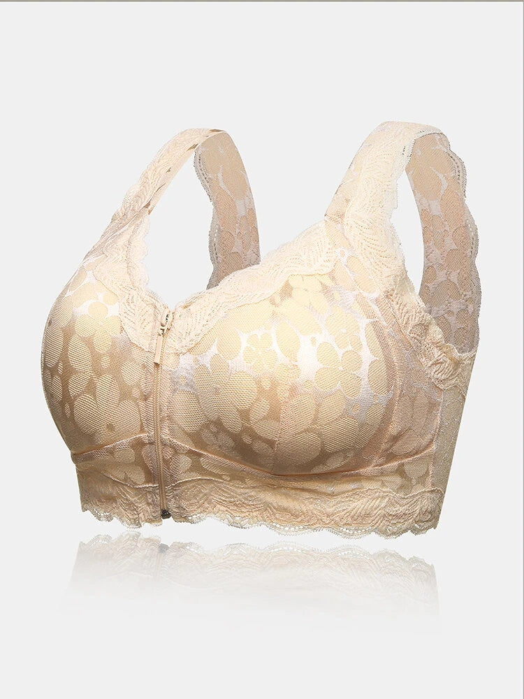 Front Zipper Floral Lace Bralette with Removable Pads
