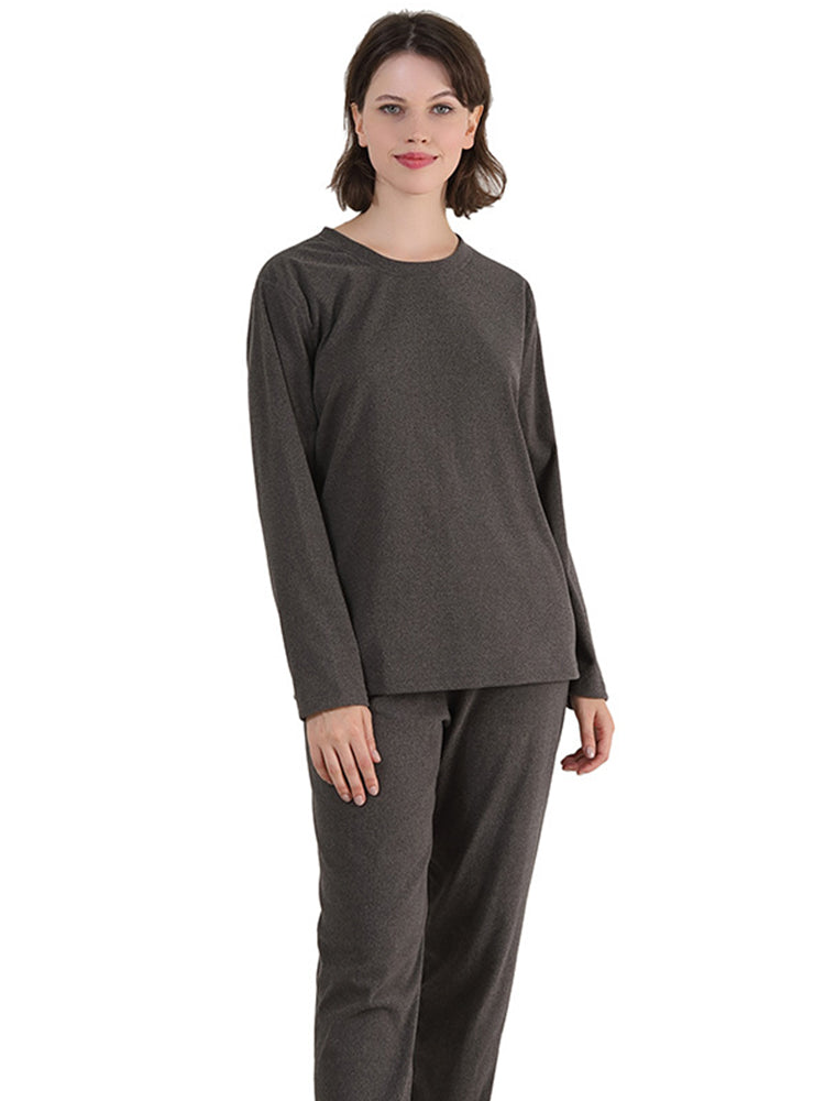 Women Solid Fleece Lined Long Sleeve Plus Size Pajama Sets