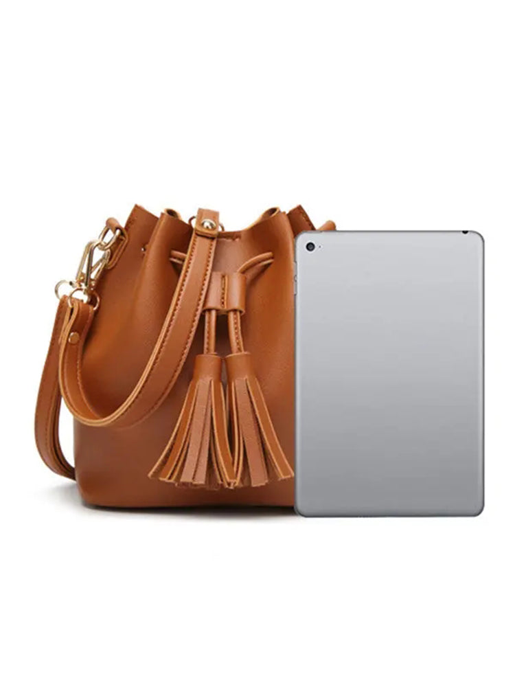 Women PU Leather Vintage Tassel Bucket Bags Mini Crossbody Bags