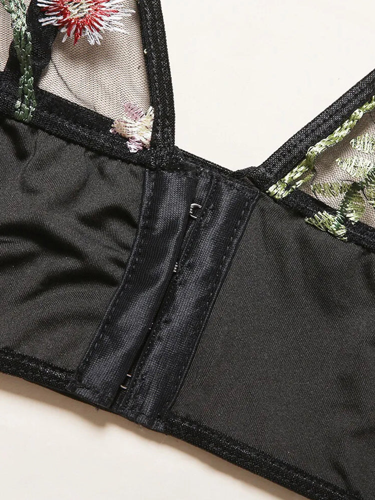 Sexy Sheer Lace Embroidered Front Closure Non Padded Bra Set
