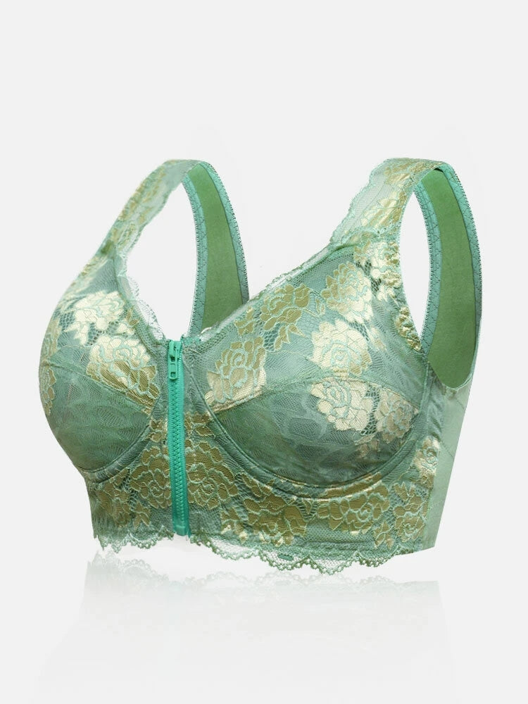 Flower Lace Zipper Front Wide Shoulder Straps Wireless Bra