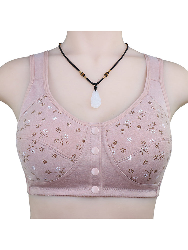 Floral Print Cotton Front 4-Bottons Close Wireless Bra