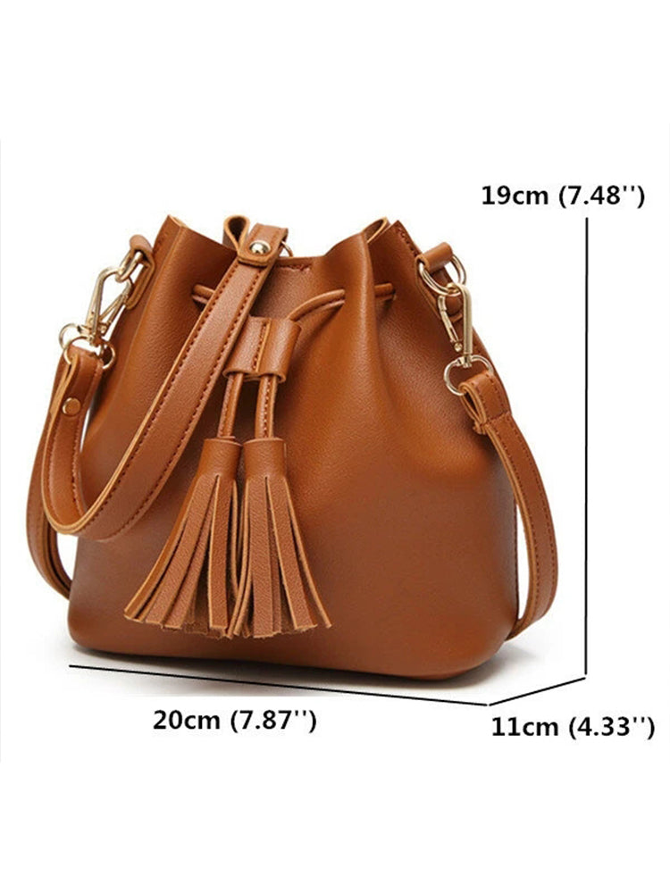 Women PU Leather Vintage Tassel Bucket Bags Mini Crossbody Bags