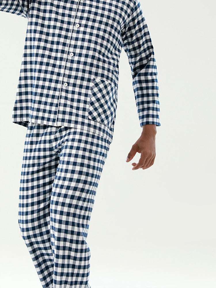 Cotton Plaid Pajamas Set Long Sleeve Sleepwear for Men&Women