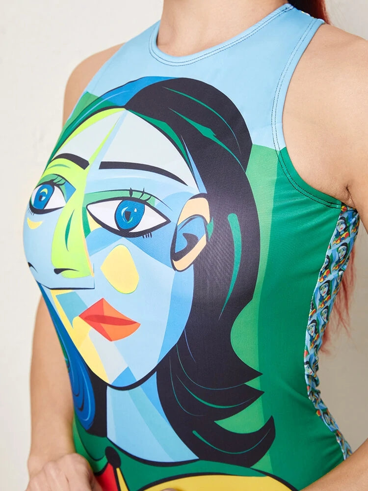 Green Portrait Abstract Print Sleeveless Swimsuit