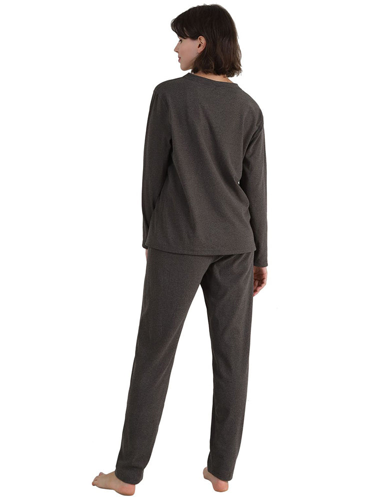 Women Solid Fleece Lined Long Sleeve Plus Size Pajama Sets