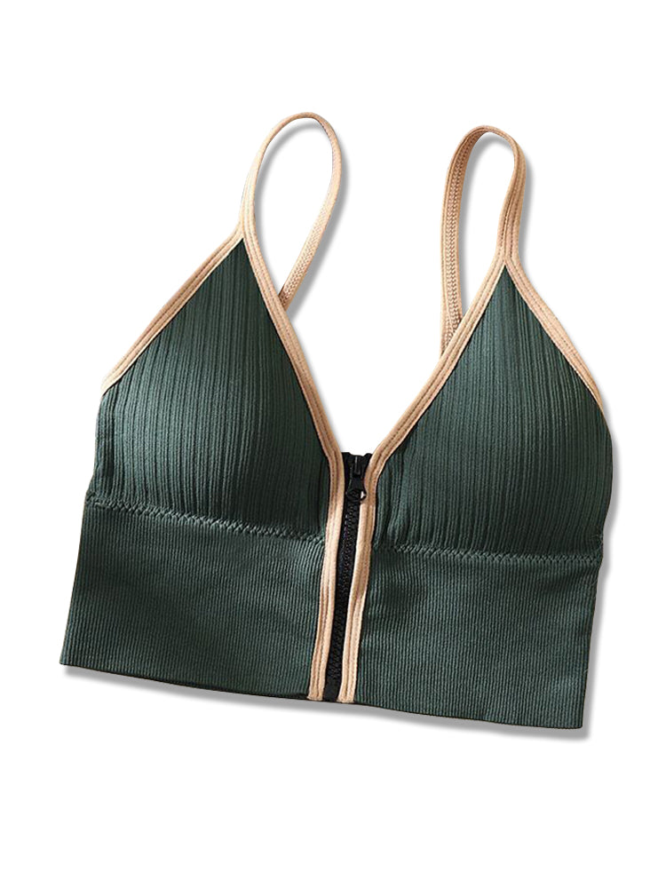 Women's V-Neck Zipper Front Wirefree Removable Pads Yoga Bra
