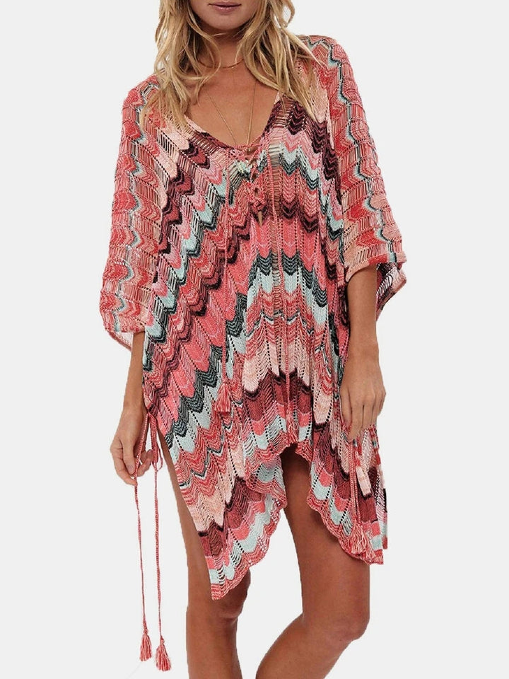 Stripes Printing Crochet Front Bandage Side Slit Swimsuit Cover Ups
