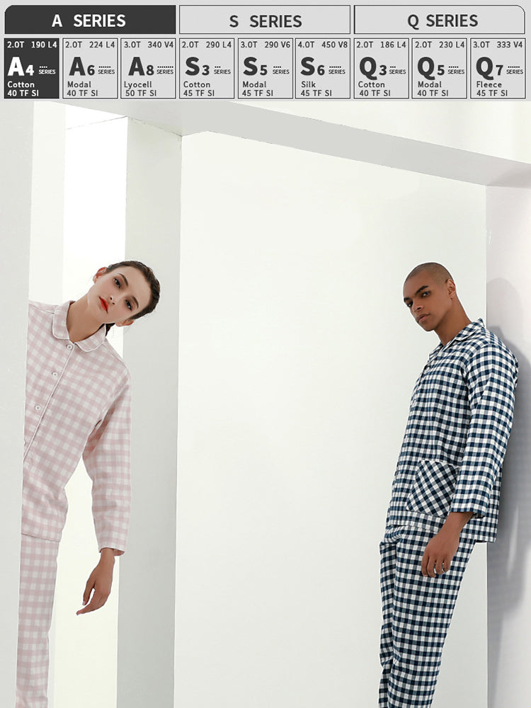 Cotton Plaid Pajamas Set Long Sleeve Sleepwear for Men&Women