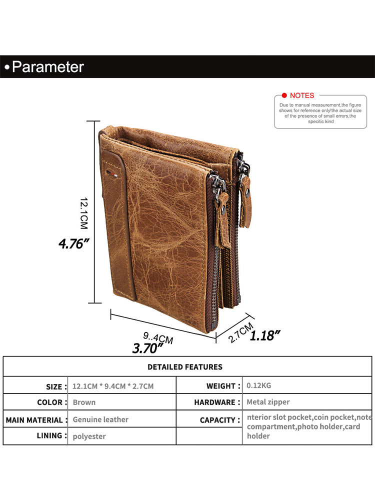 Zipper RFID Card Holders Anti-theft Zip Coin Pocket Bifold Wallets