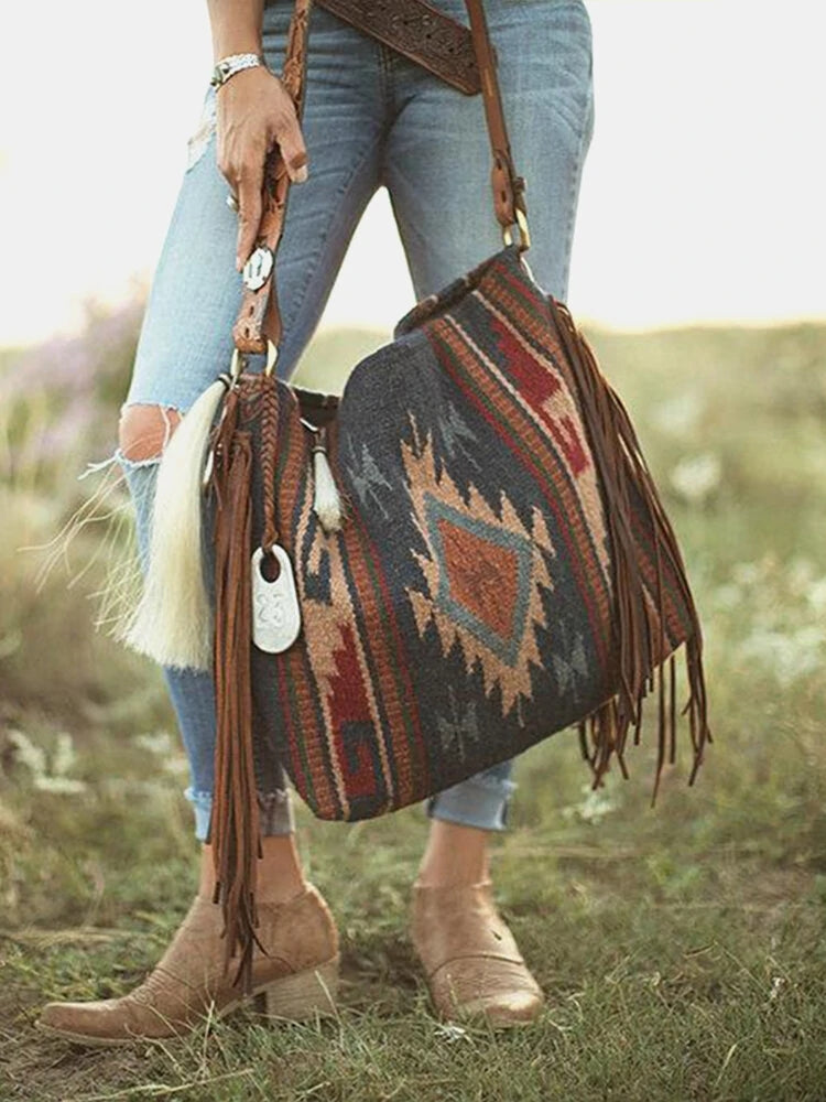 Retro Geometric Print Tassel Felt Ethnic Tote Shoulder Bag