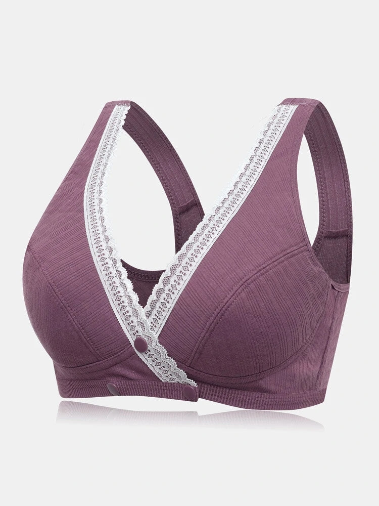 V-Neck Front Button Closure Cotton Wireless Bra