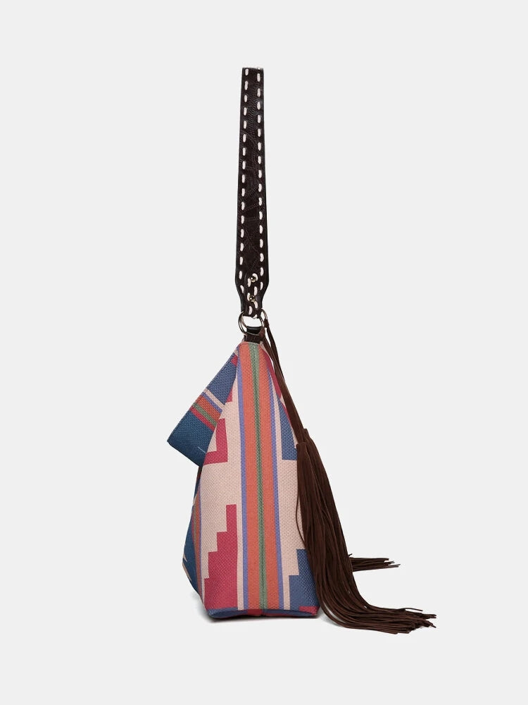 Retro Geometric Print Tassel Felt Ethnic Tote Shoulder Bag