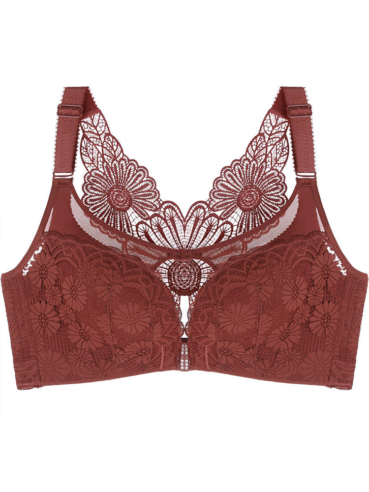 Embroidered Daisy Back Front Closure Wireless Push Up Bras