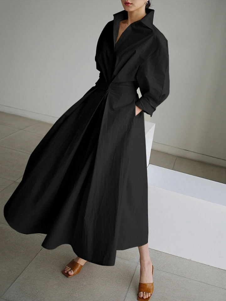Solid Pocket Button Lapel Maxi Shirt Casual Dress