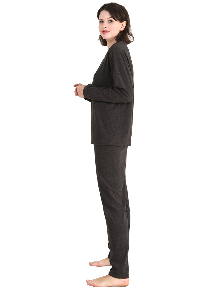 Women Solid Fleece Lined Long Sleeve Plus Size Pajama Sets