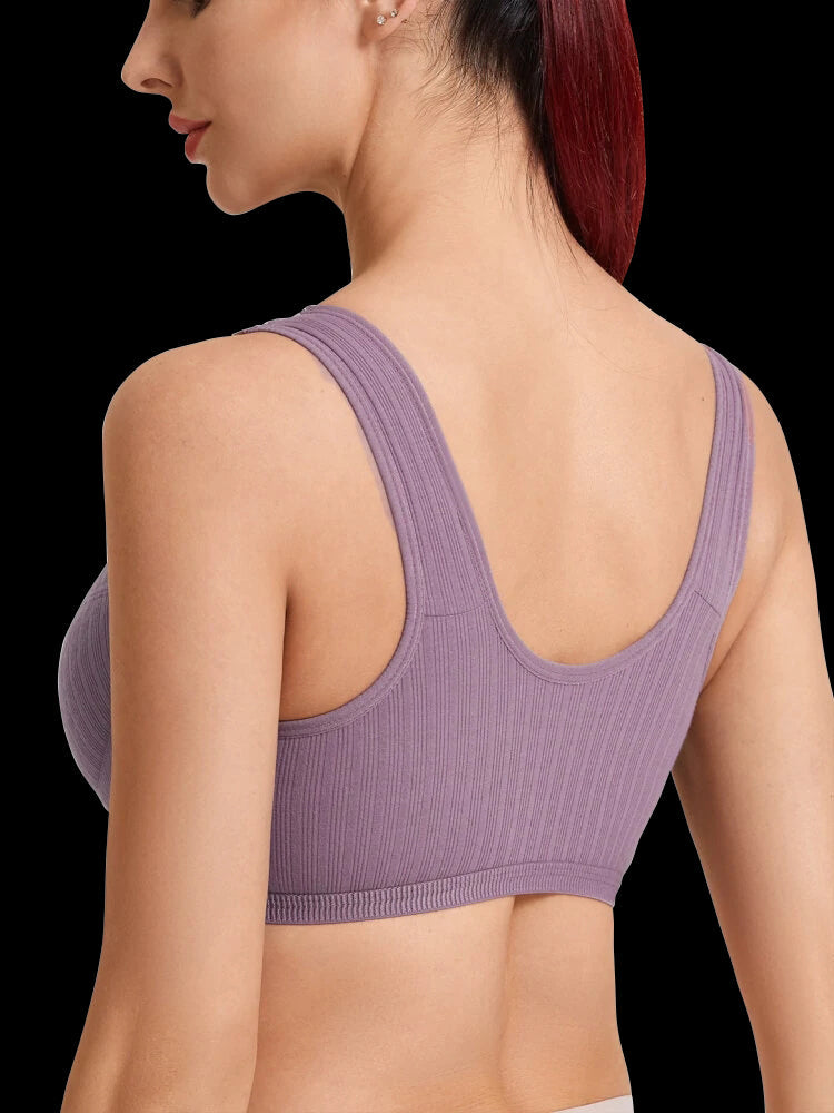 V-Neck Front Button Closure Cotton Wireless Bra