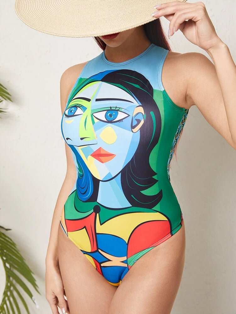 Green Portrait Abstract Print Sleeveless Swimsuit