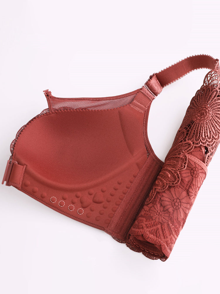 Embroidered Daisy Back Front Closure Wireless Push Up Bras