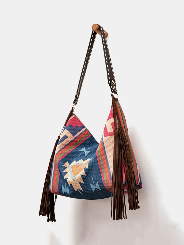 Retro Geometric Print Tassel Felt Ethnic Tote Shoulder Bag