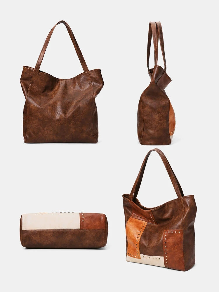 Faux Leather Waterproof Vintage Rivet Color Block Large Capacity Shoulder Bag