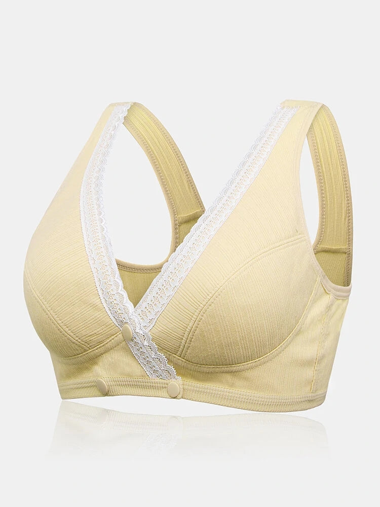 V-Neck Front Button Closure Cotton Wireless Bra