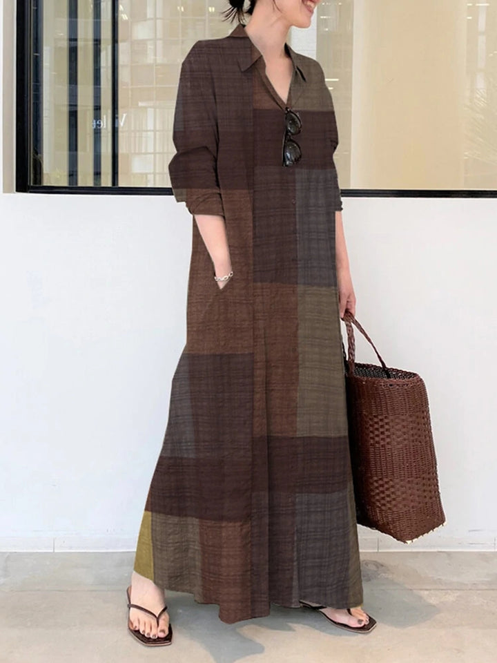 Vintage Plaid Stand Collar Pocket Maxi Shirt Dresses