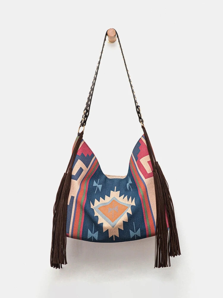 Retro Geometric Print Tassel Felt Ethnic Tote Shoulder Bag