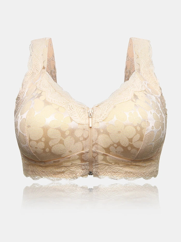Front Zipper Floral Lace Bralette with Removable Pads