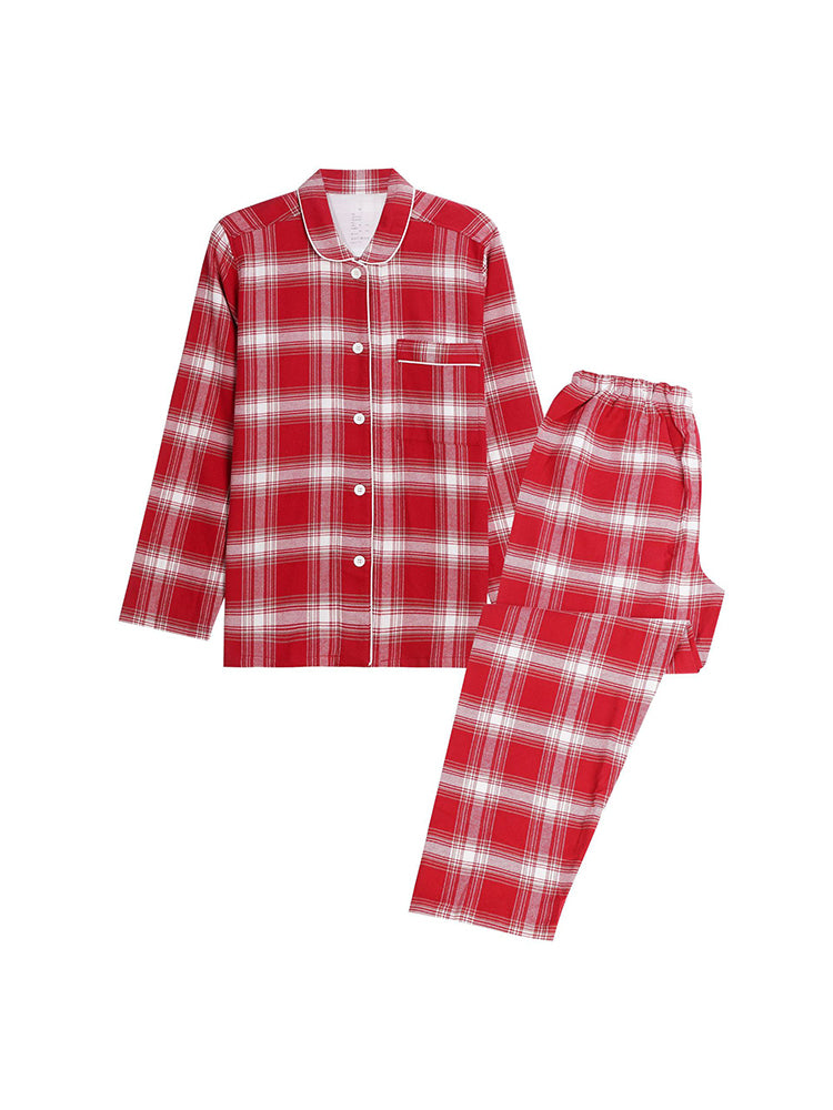 Cotton Plaid Pajamas Set Long Sleeve Sleepwear for Men&Women