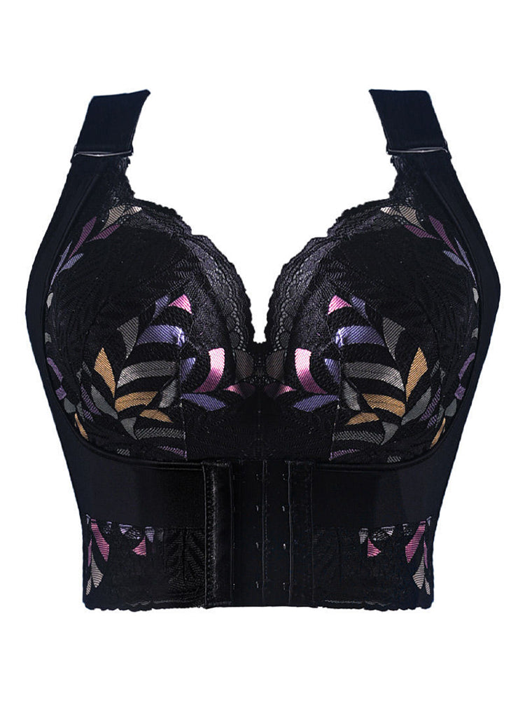 Lace Longline Wireless Support Wide Straps Bras with Front Buckle