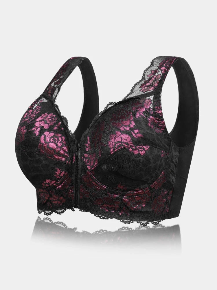 Flower Lace Zipper Front Wide Shoulder Straps Wireless Bra