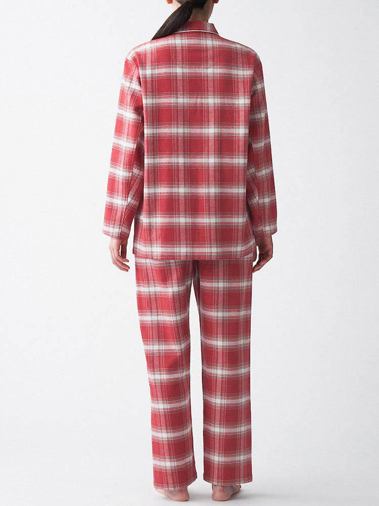 Cotton Plaid Pajamas Set Long Sleeve Sleepwear for Men&Women
